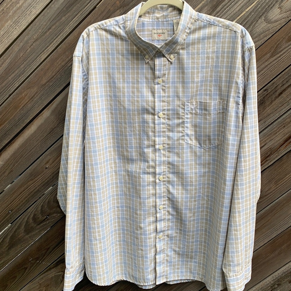 Dockers Cotton Tan, Navy and White Plaid button down shirt XL